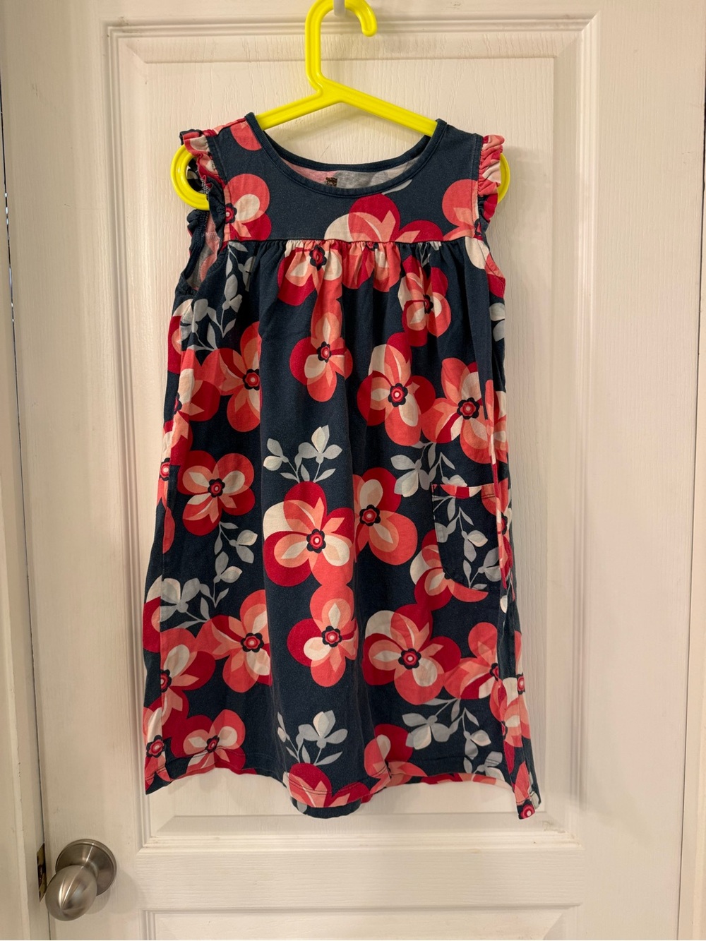 Tea Collection Navy Floral Ruffle Sleeve Dress with Coral & Pink Blooms